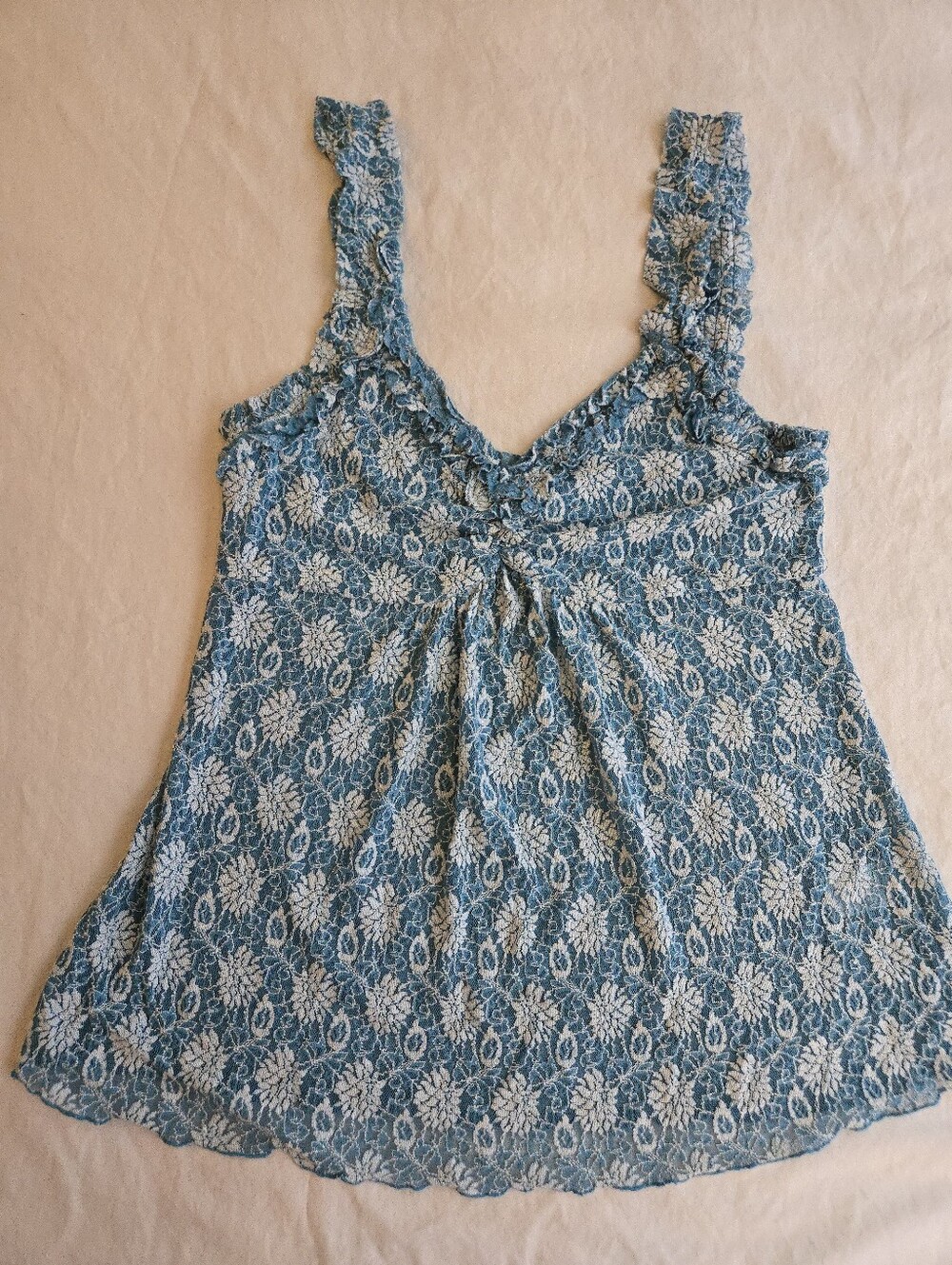 kenzie Vintage 90s y2k Blue White Ruffled Stretch Lace Tank Top EB4
